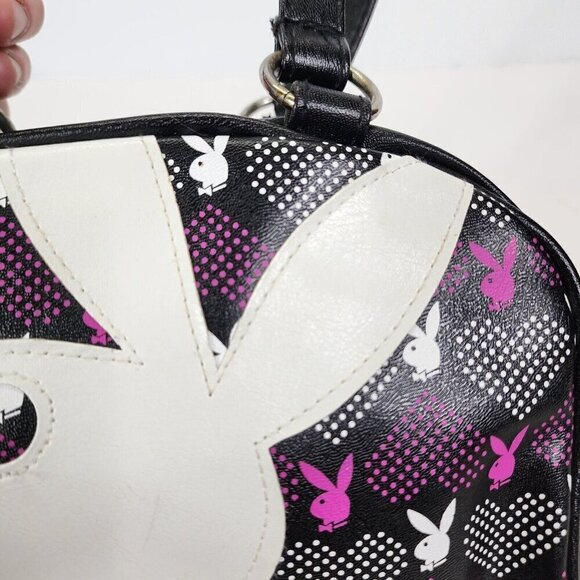 Vtg 90s Playboy BLACK Vinyl Purse Small Bowler Y2K Big White Bunny Logo RARE - Picture 4 of 16